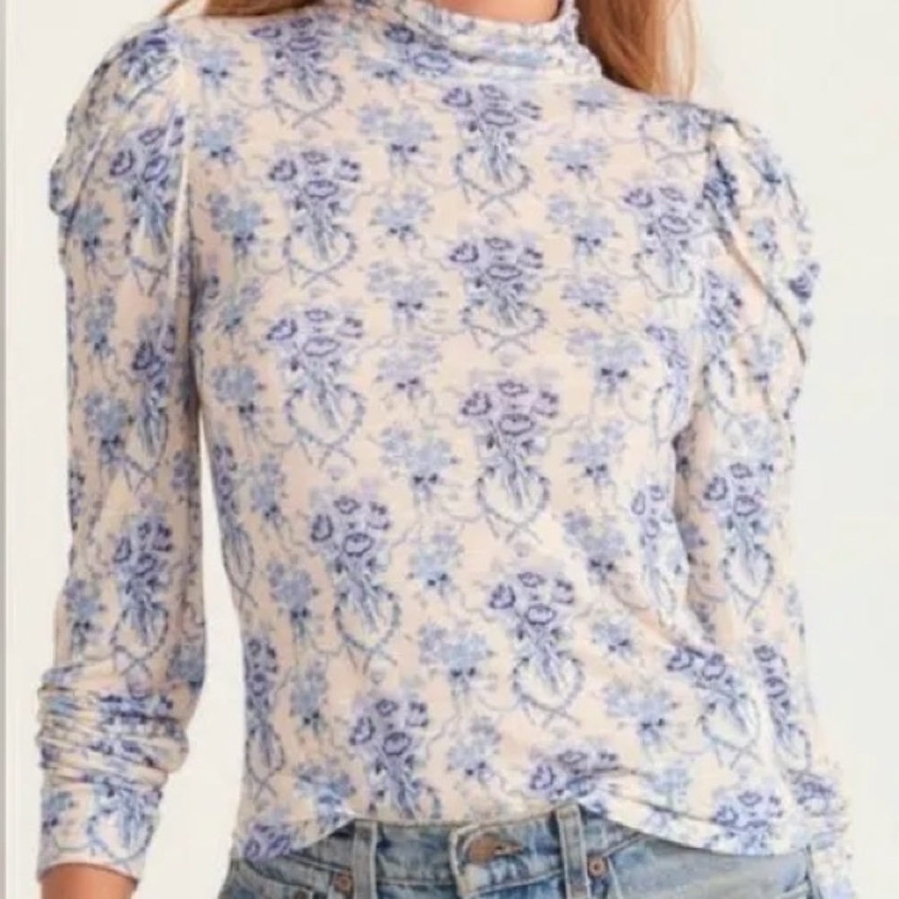 LoveShackFancy Blue Floral Toile Puff Sleeve Blouse